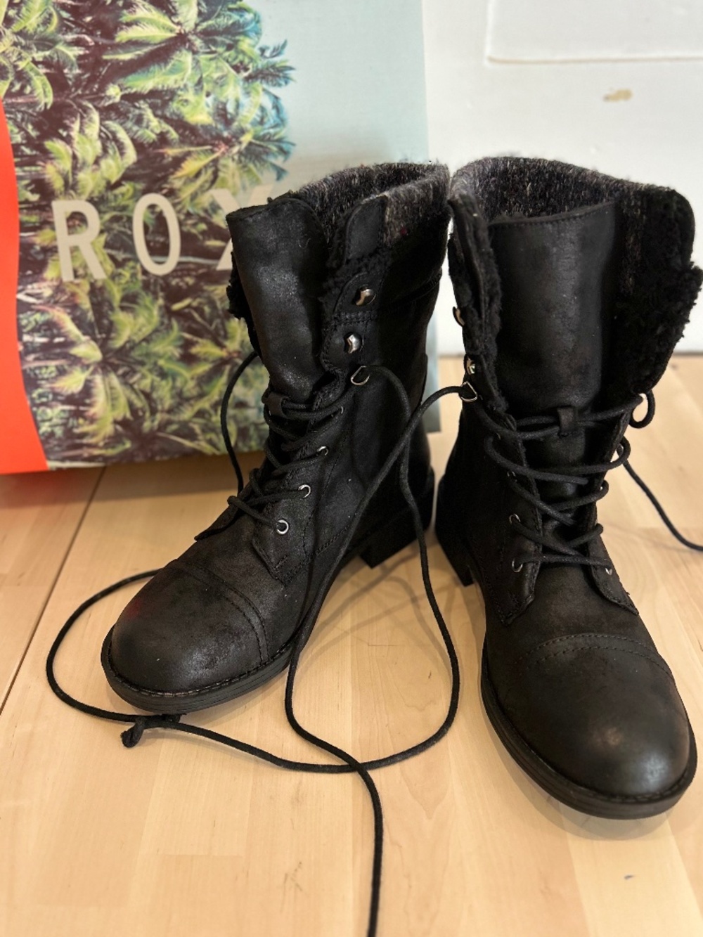 Roxy Black Distressed Combat Boot with Sweater Cuff